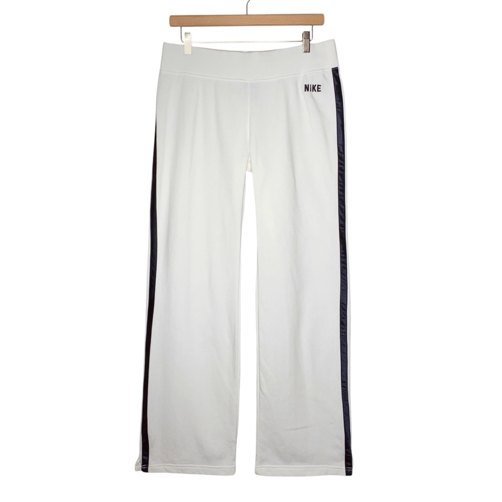 Nike Wide Leg Fleece Track Pants Sail Navy Side Stripe L 12 14 Atheisure Sporty
